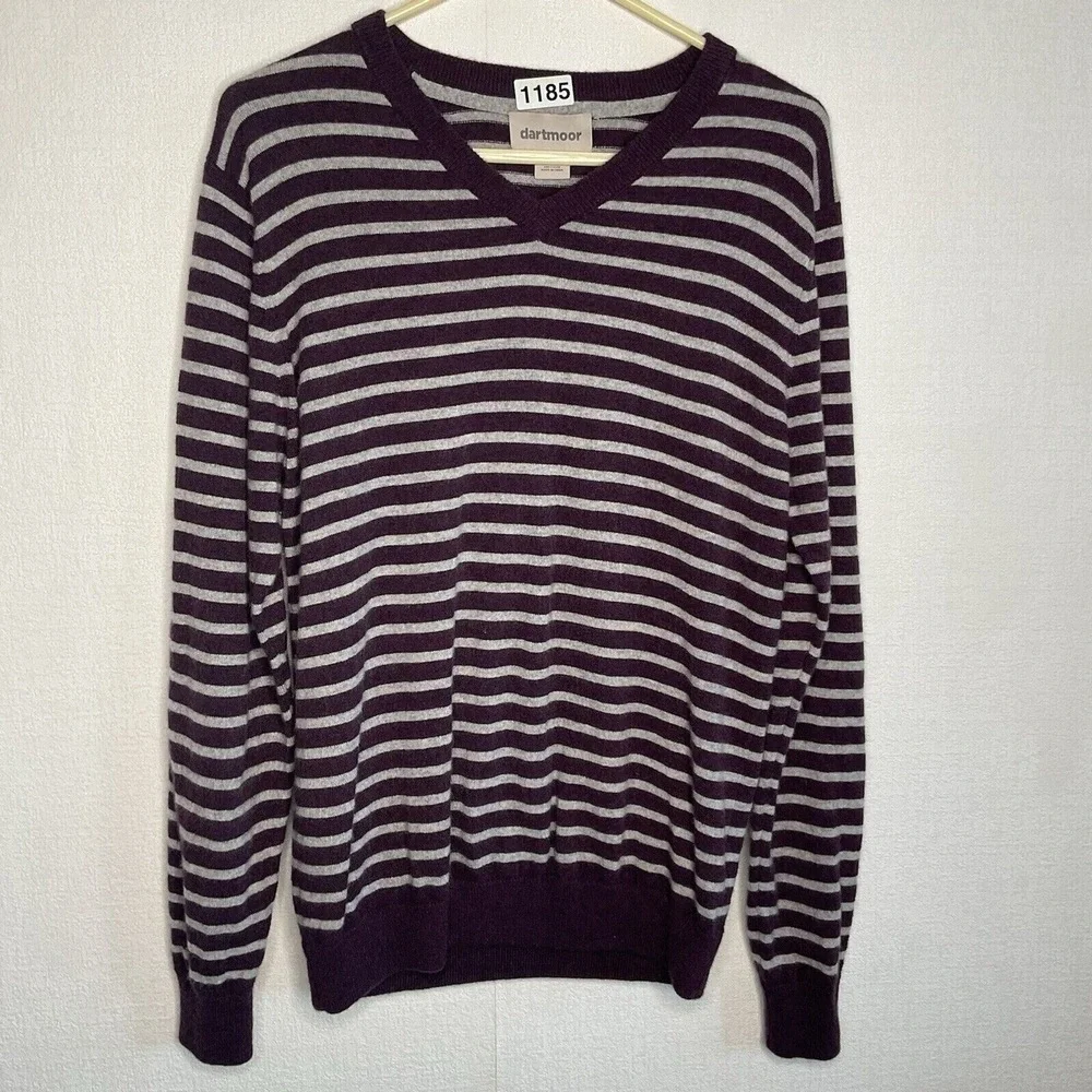 NWOT‎ Dartmoor Purple/Gray Striped V-Neck Sweater Men L China 100% Cashmere